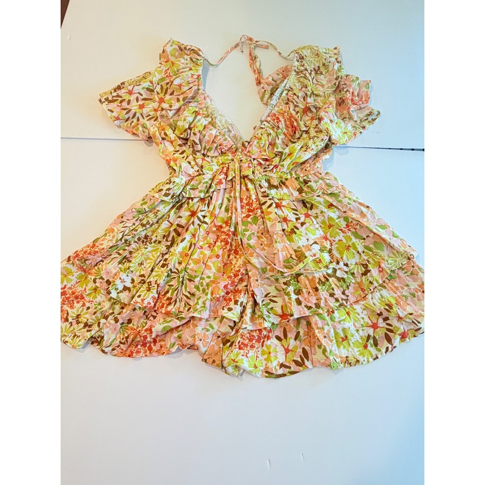 Shop Neighbor Floral Ruffle Romper Orange Green S New‎